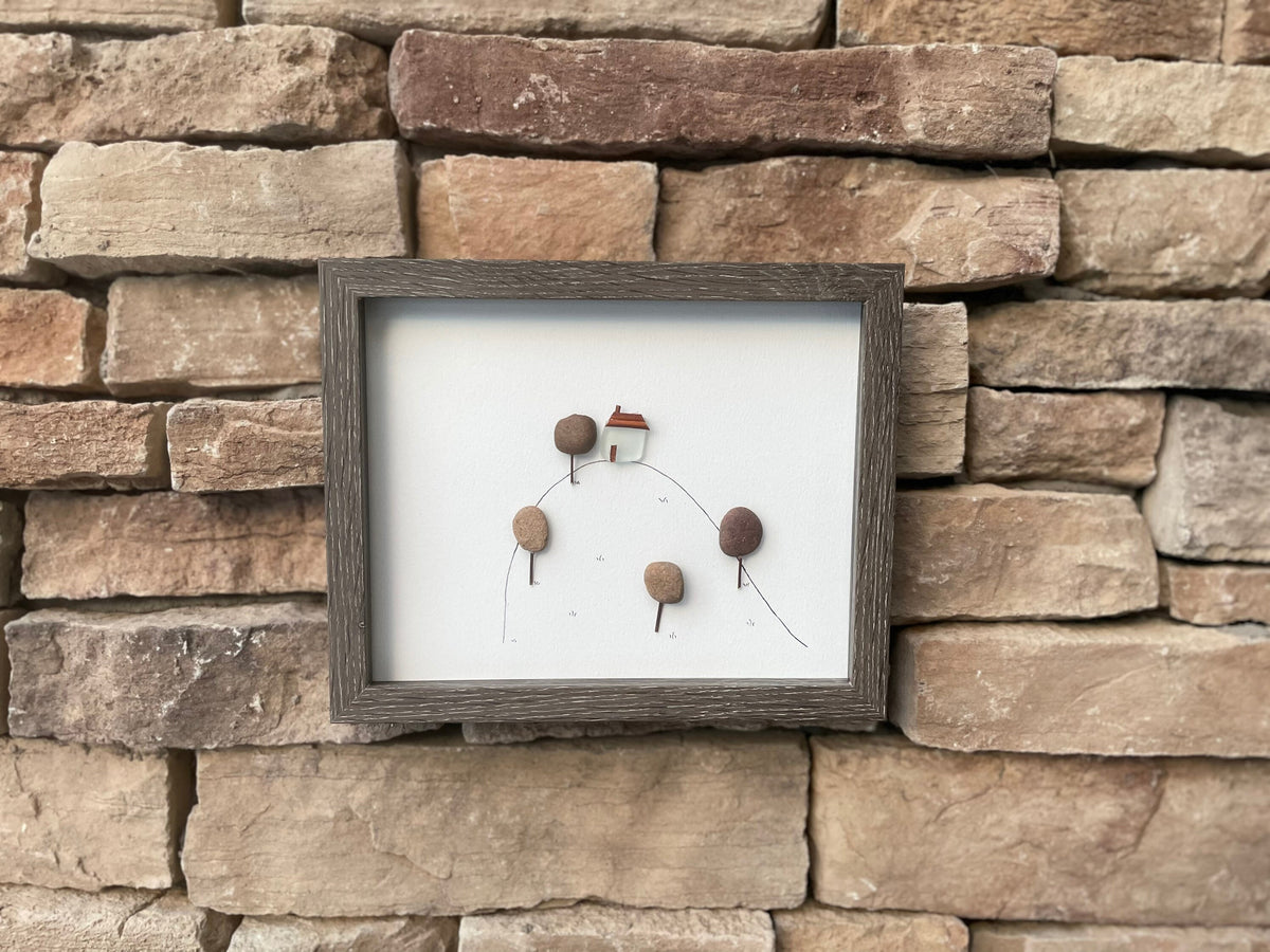 House on a Hillside | House in the Fall | Autumn Art | House Amongst the Trees | 8x10 Pebble Art and Line Drawing Art