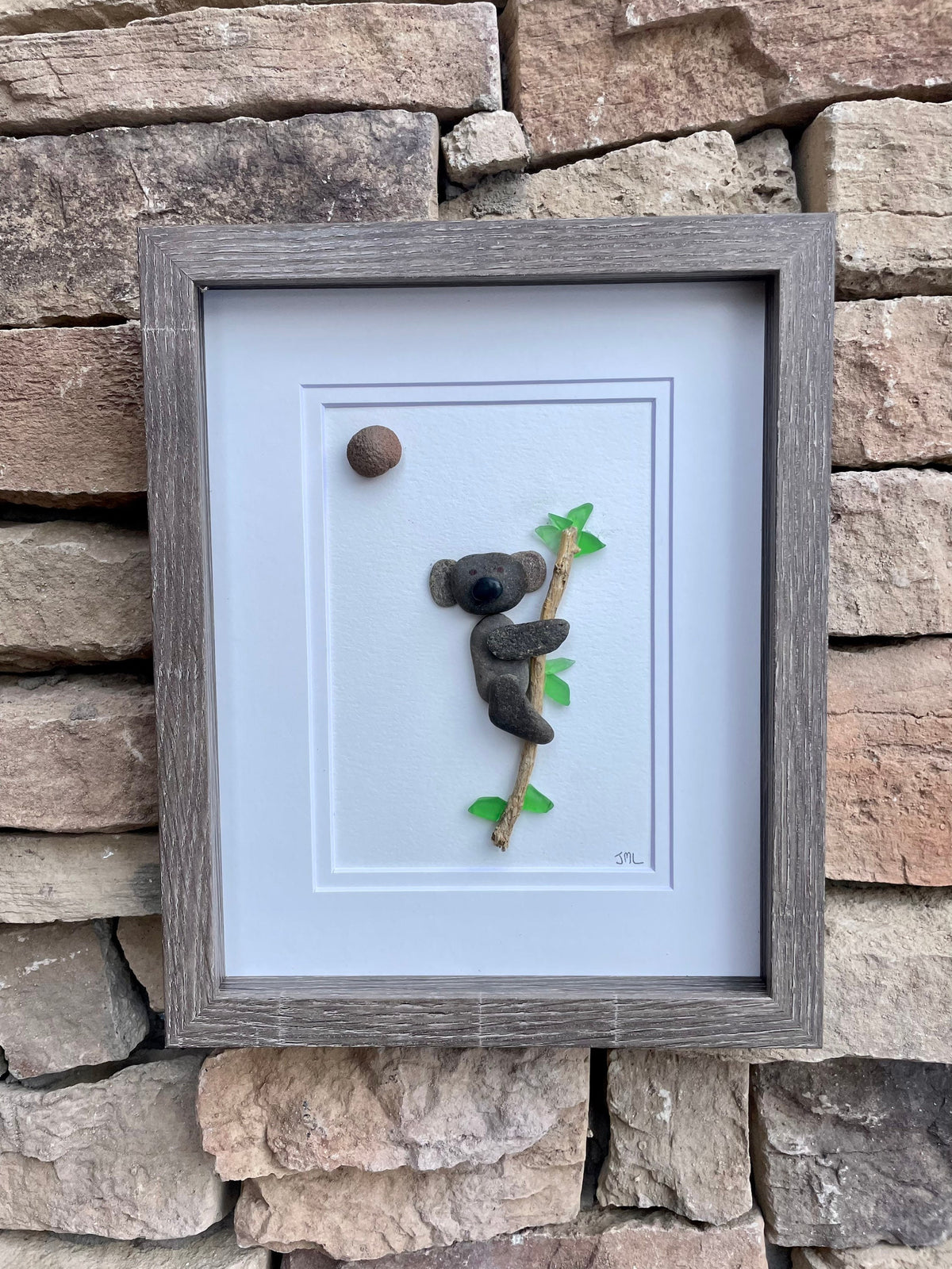 Koala Bear in Eucalyptus Tree - Original Pebble and Sea Glass Art - Handmade - Framed - Animal Artwork - Perfect Gift