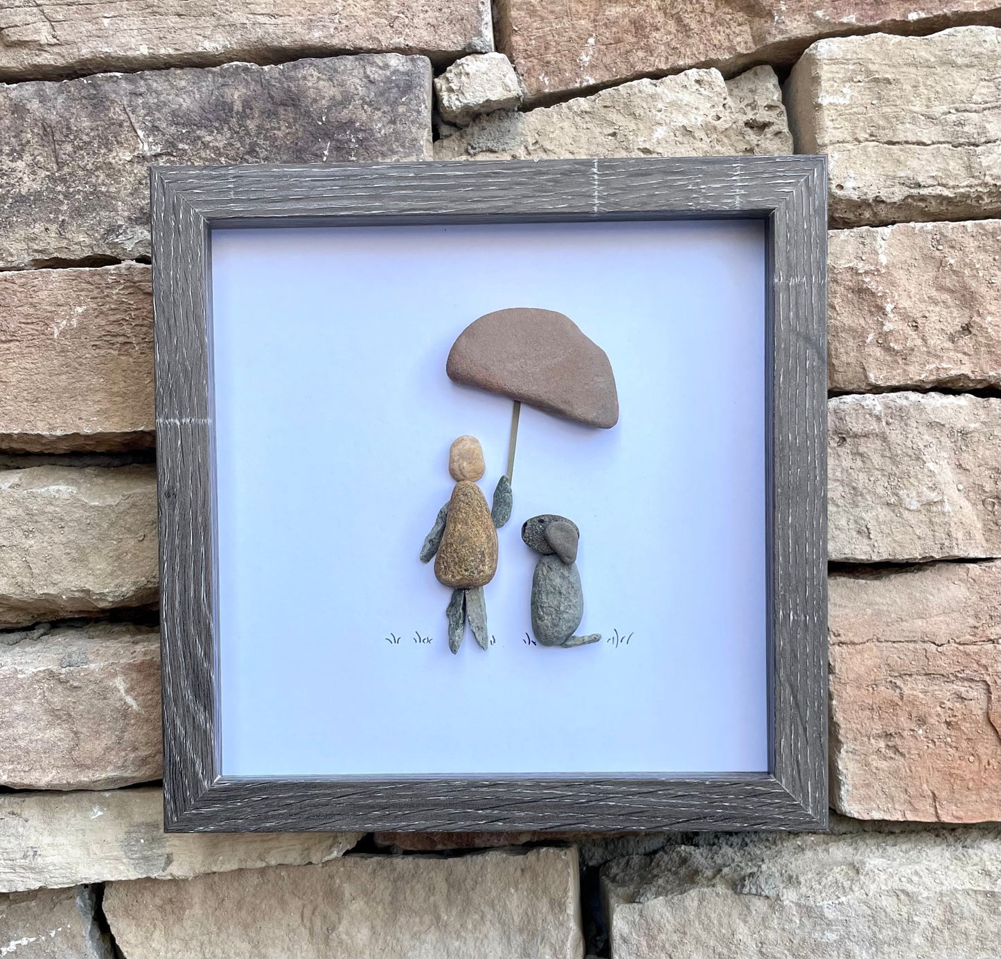 Dog Owner Sheltering Dog From Rain | Umbrella and a Dog | Framed Handmade Pebble Art | Gift for Dog Lovers | 8x8 Pebble Art