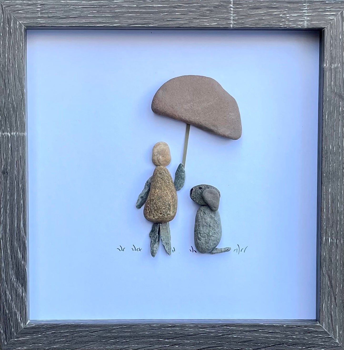 Dog Owner Sheltering Dog From Rain, 9x9 Framed Handmade Pebble Art, Perfect Unique Gift for Dog Lover