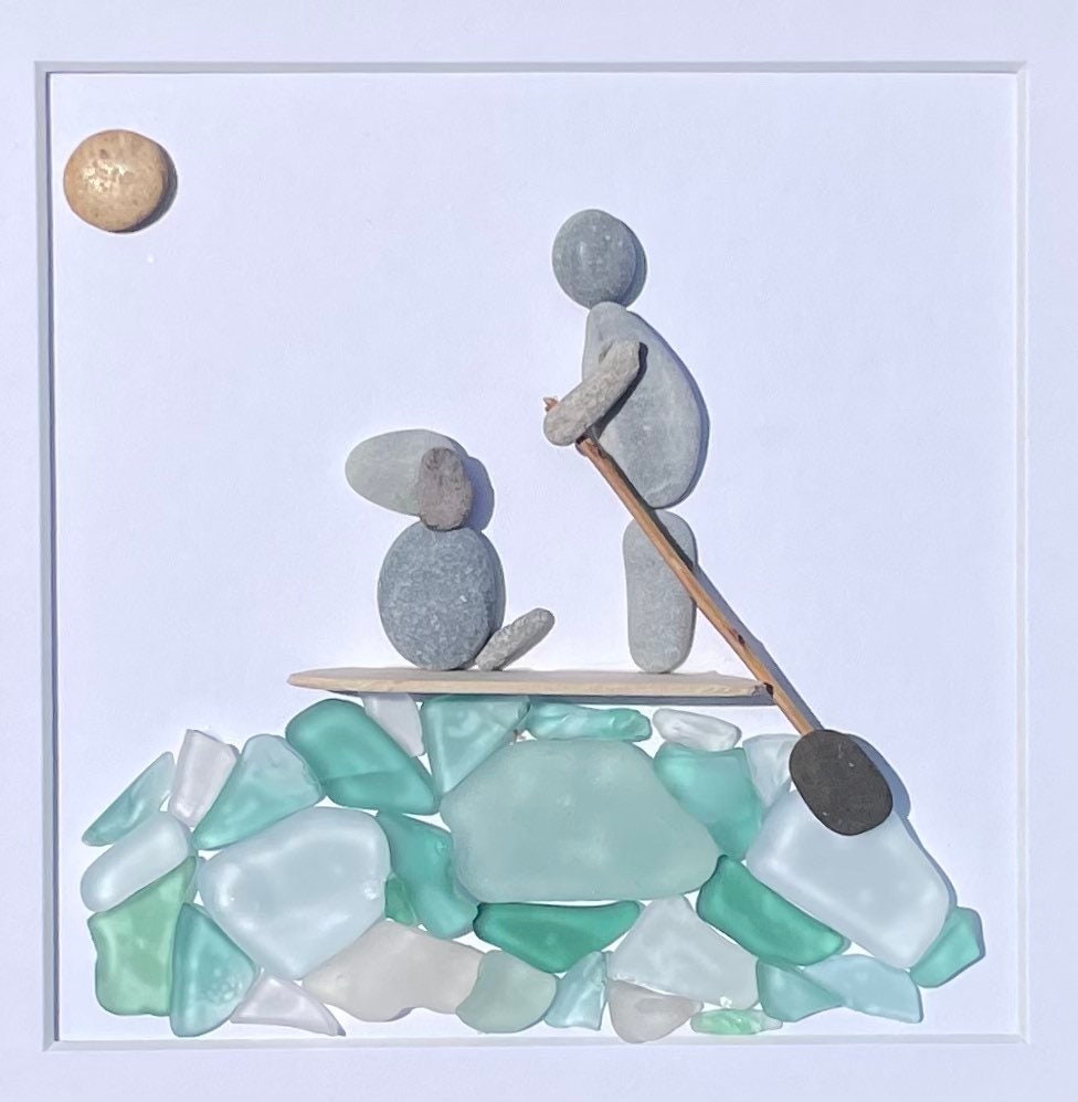 Paddle Boarding With Dog Framed Sea Glass and Pebble Art, ~ 9 x 9 inches