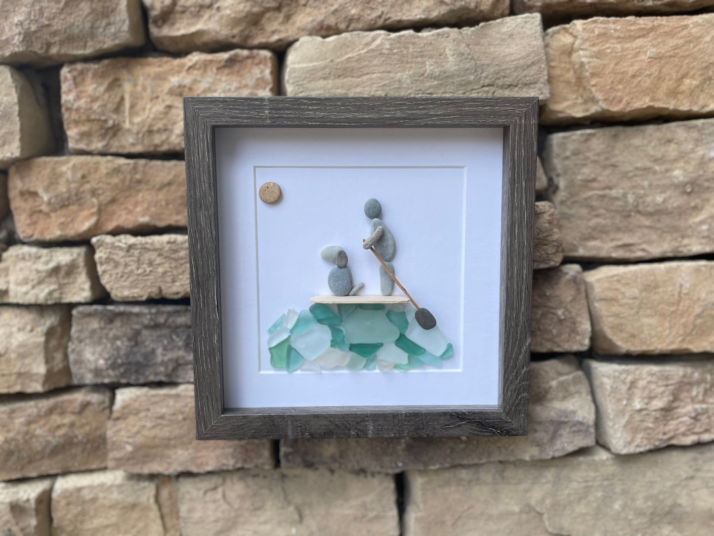 Paddle Boarding With Dog Framed Sea Glass and Pebble Art, ~ 9 x 9 inches