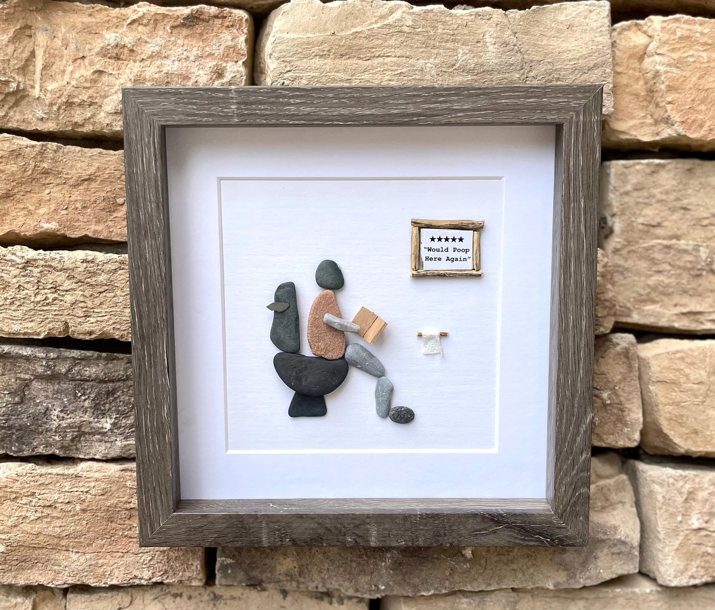 Five Stars Would Poop Here Again Bathroom Art, 9x9 Framed Handmade Pebble Art, Perfect Funny Gift for Housewarming, Anniversary, Birthday