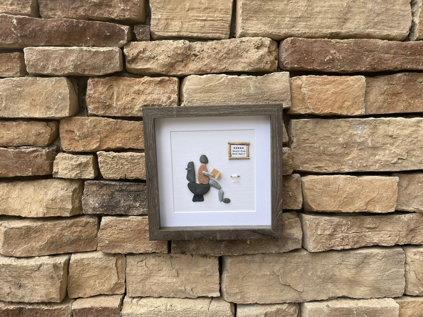 Five Stars Would Poop Here Again Bathroom Art, 9x9 Framed Handmade Pebble Art, Perfect Funny Gift for Housewarming, Anniversary, Birthday