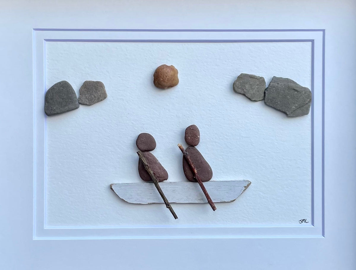 Couple in a Rowboat - Original Pebble Artwork - Gift for Sailors / Canoeists / Kayakers