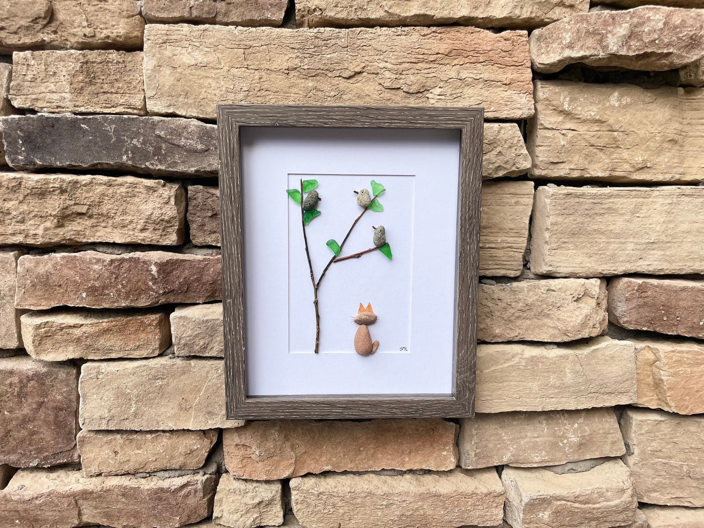 Cat Watching Birds in a Tree 8x10 Framed Pebble Art, Perfect Gift for Cat Lovers