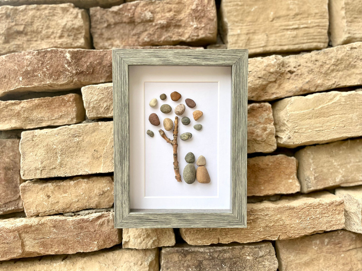 Pebble Art Couple Under Tree, Framed Handmade Artwork, 5x7 Gift