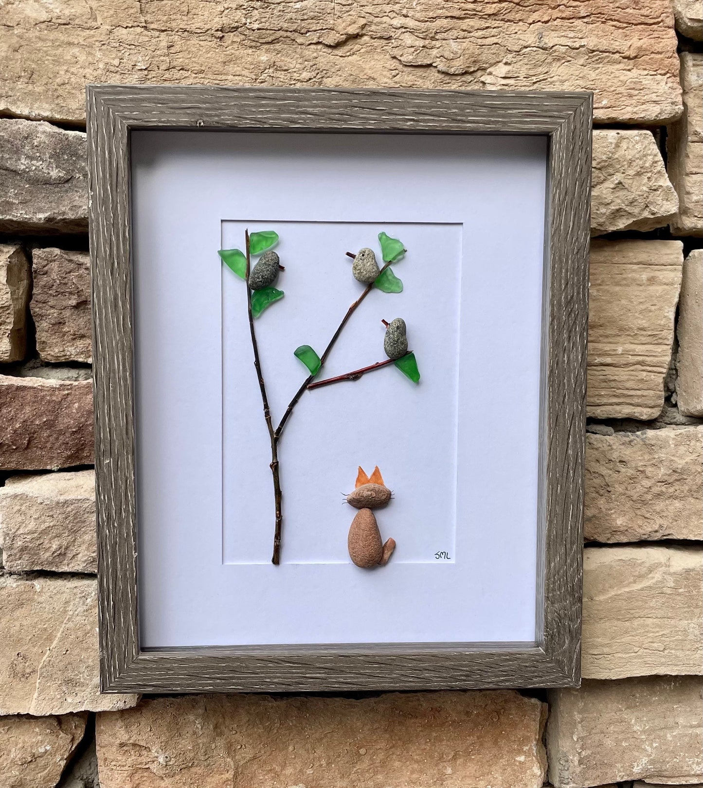 Cat Watching Birds in a Tree 8x10 Framed Pebble Art, Perfect Gift for Cat Lovers