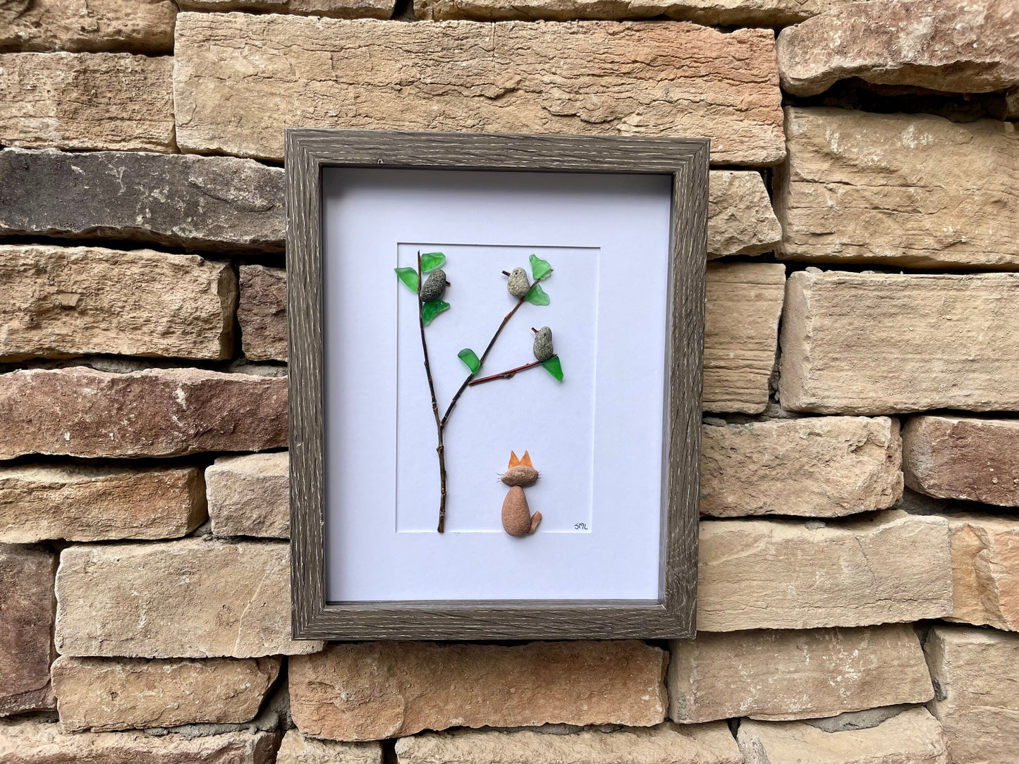 Pebble Art, Cat Watching Birds, Framed Coastal Artwork (8x10)