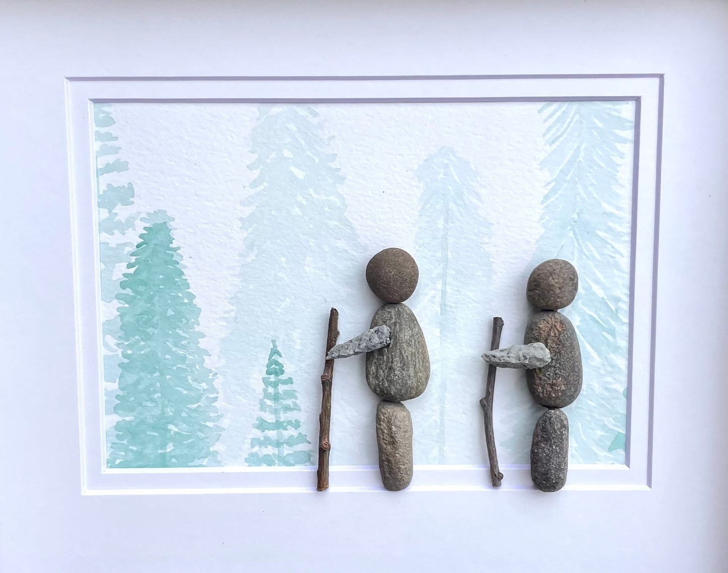 Hiking in the Forest Original Watercolor and Pebble Art, 8 x 10” Framed Wall Decor, Hiking Gift, Couple Hiking, Friends Hiking