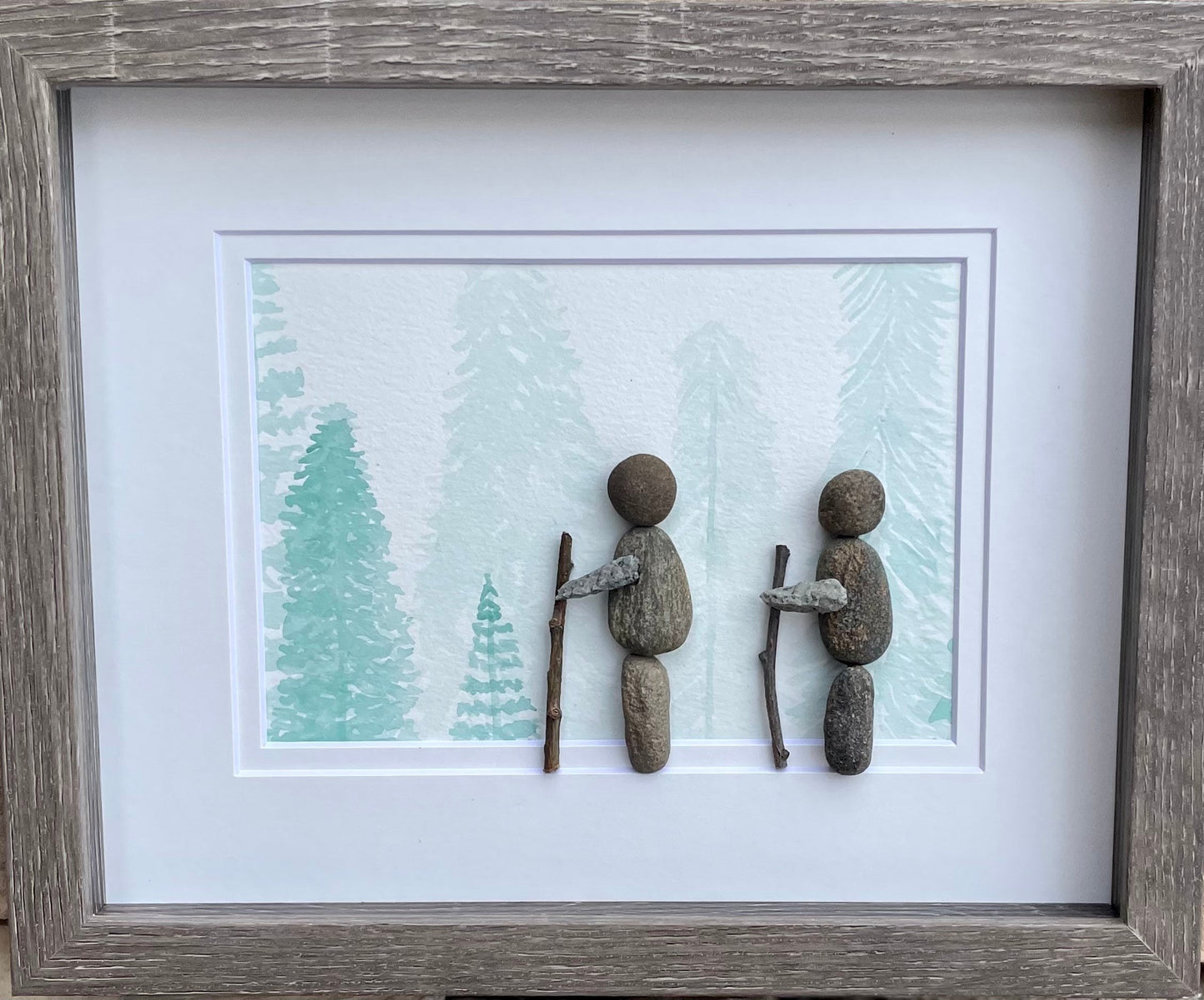Hiking in the Forest Original Watercolor and Pebble Art, 8 x 10” Framed Wall Decor, Hiking Gift, Couple Hiking, Friends Hiking