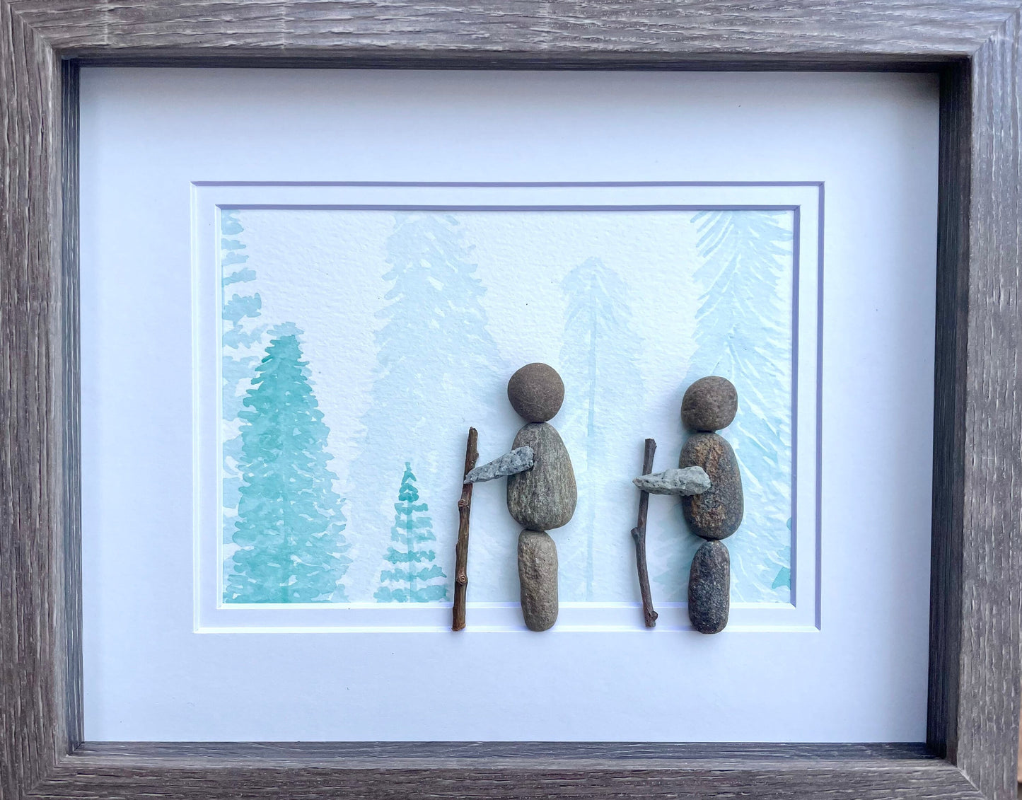 Hiking Couple Pebble Art, Original Watercolor Forest Scene, Framed Gift (8x10”)