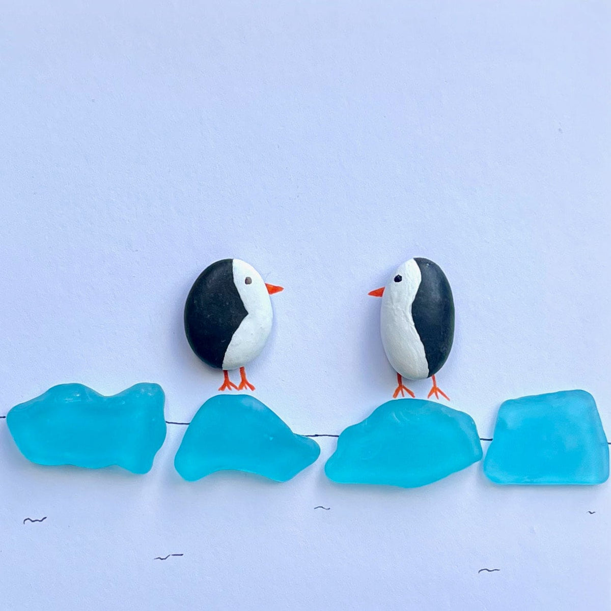 Two Penguins on Aqua Sea Glass Ice, 8x8"