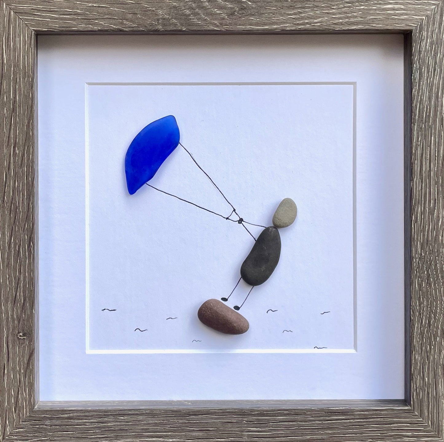 Kite Surfing Pebble and Sea Glass Art, 9x9 Framed Picture, Gift for Kite Surfer