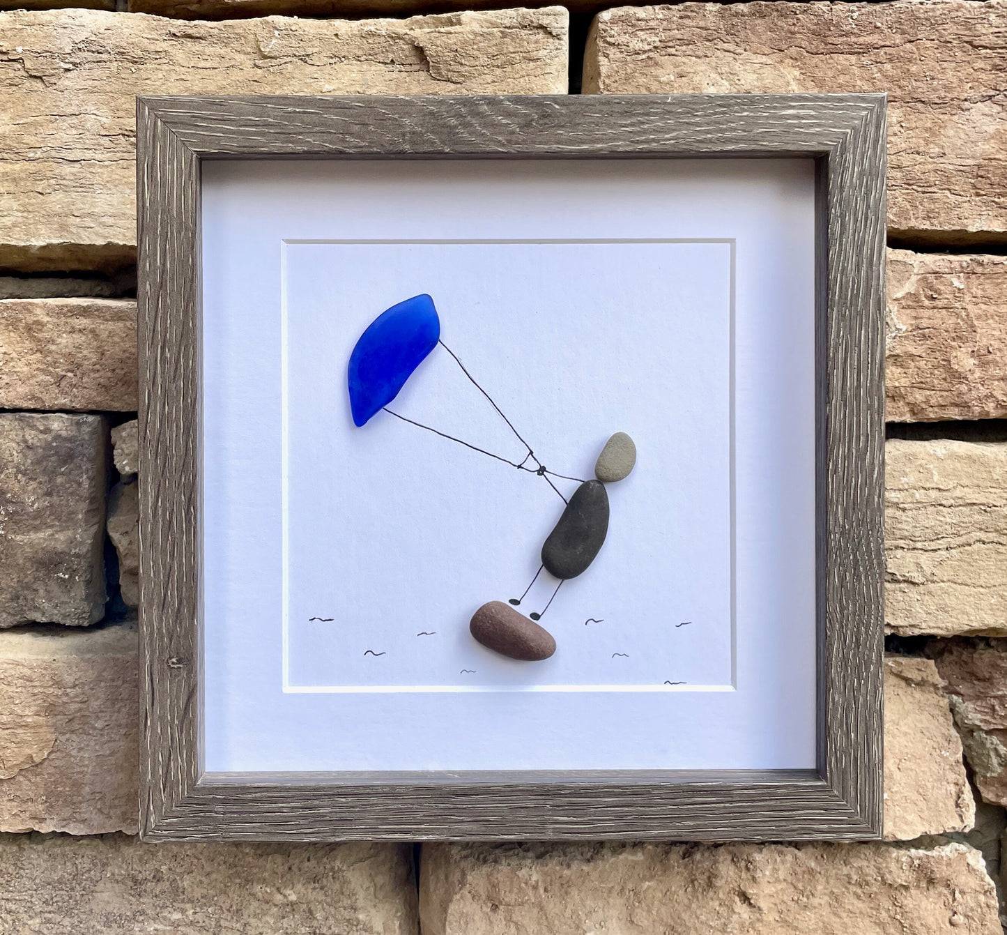 Kite Surfing Pebble and Sea Glass Art, 9x9 Framed Picture, Gift for Kite Surfer