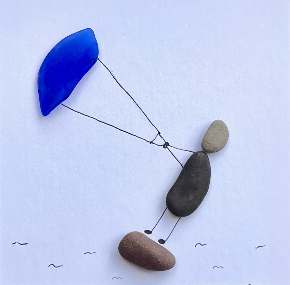 Kite Surfing Pebble and Sea Glass Art, 9x9 Framed Picture, Gift for Kite Surfer