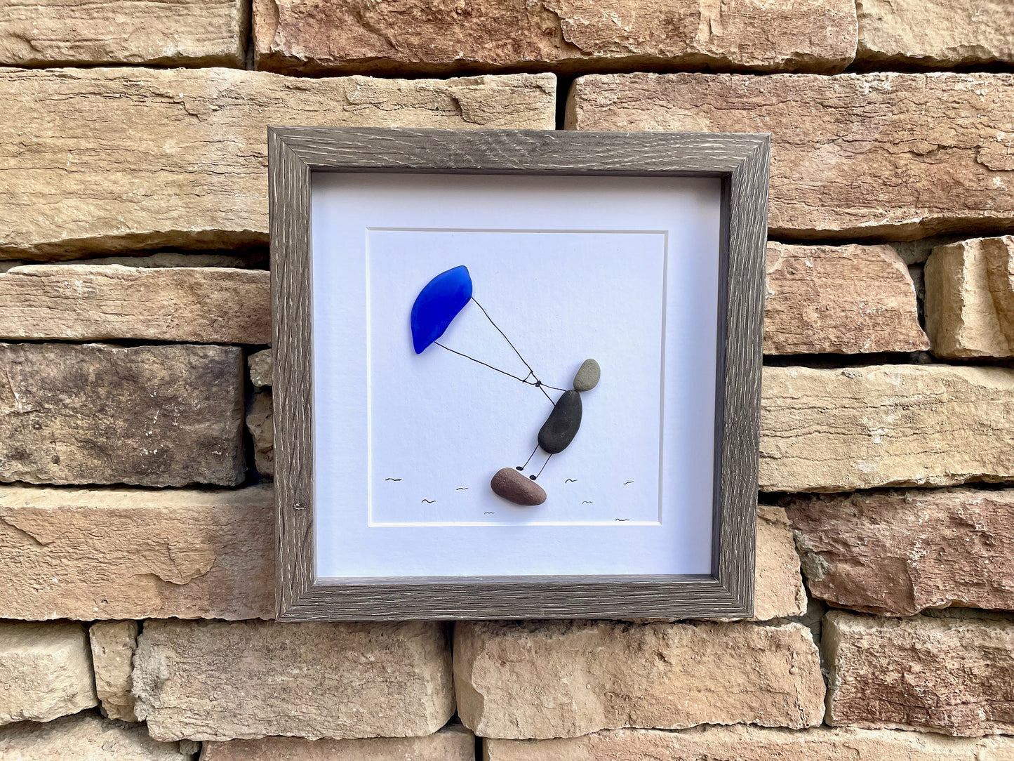 Kite Surfing Pebble and Sea Glass Art, 9x9 Framed Picture, Gift for Kite Surfer