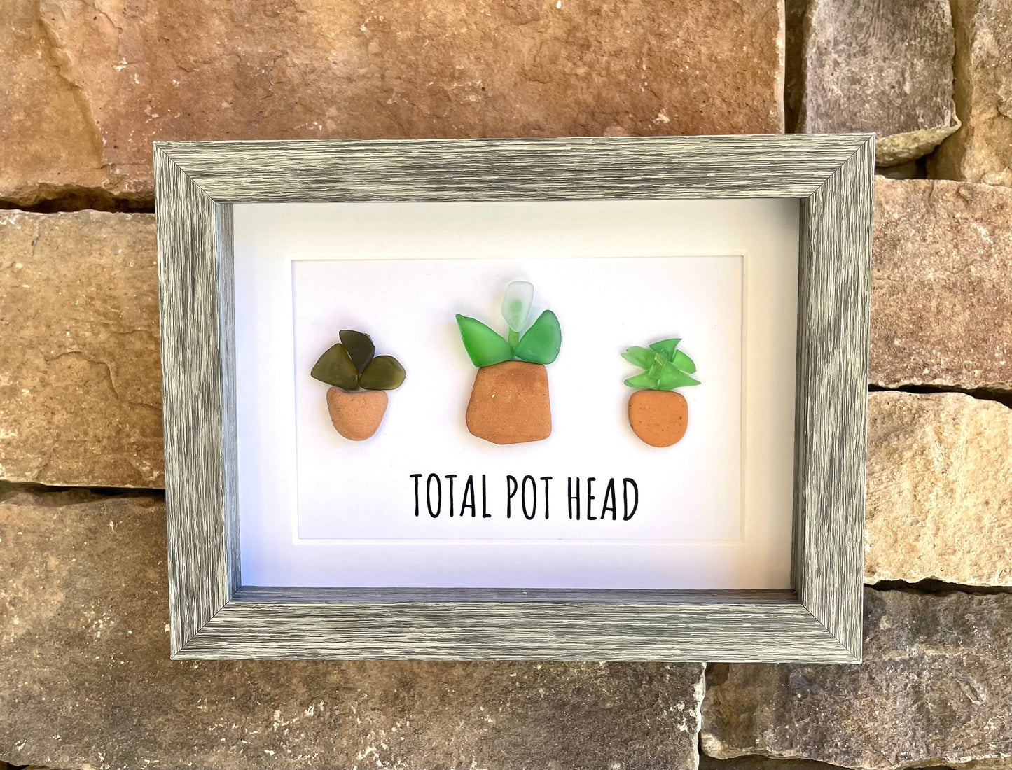 Total Pot Head Sea Glass Art, 5x7 Framed Gift for Gardener, Plant Lover