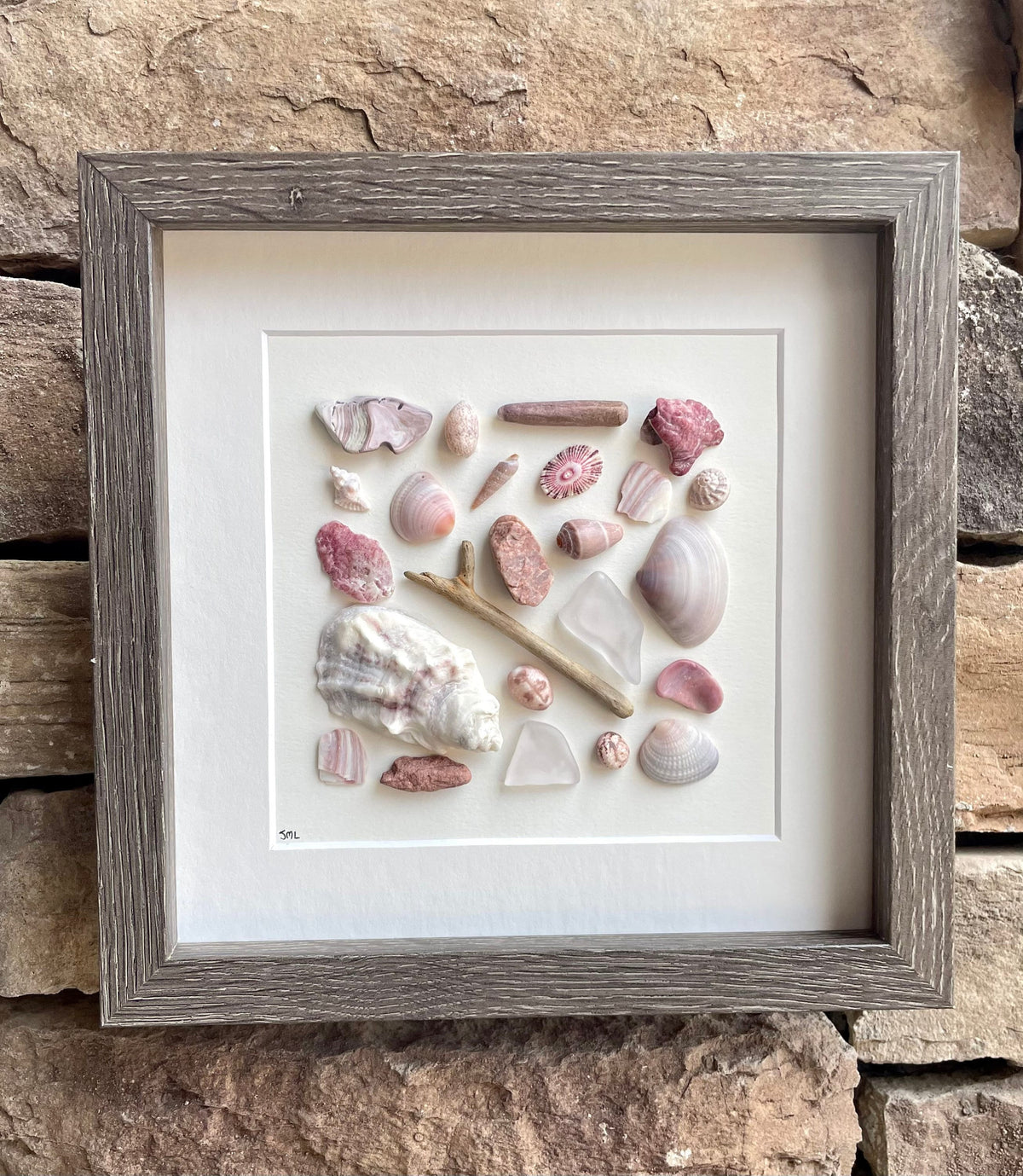 Pink and Purple Beach Art Shells, Sea Glass and Pottery Art, 9x9 Minimalist Beach Decor