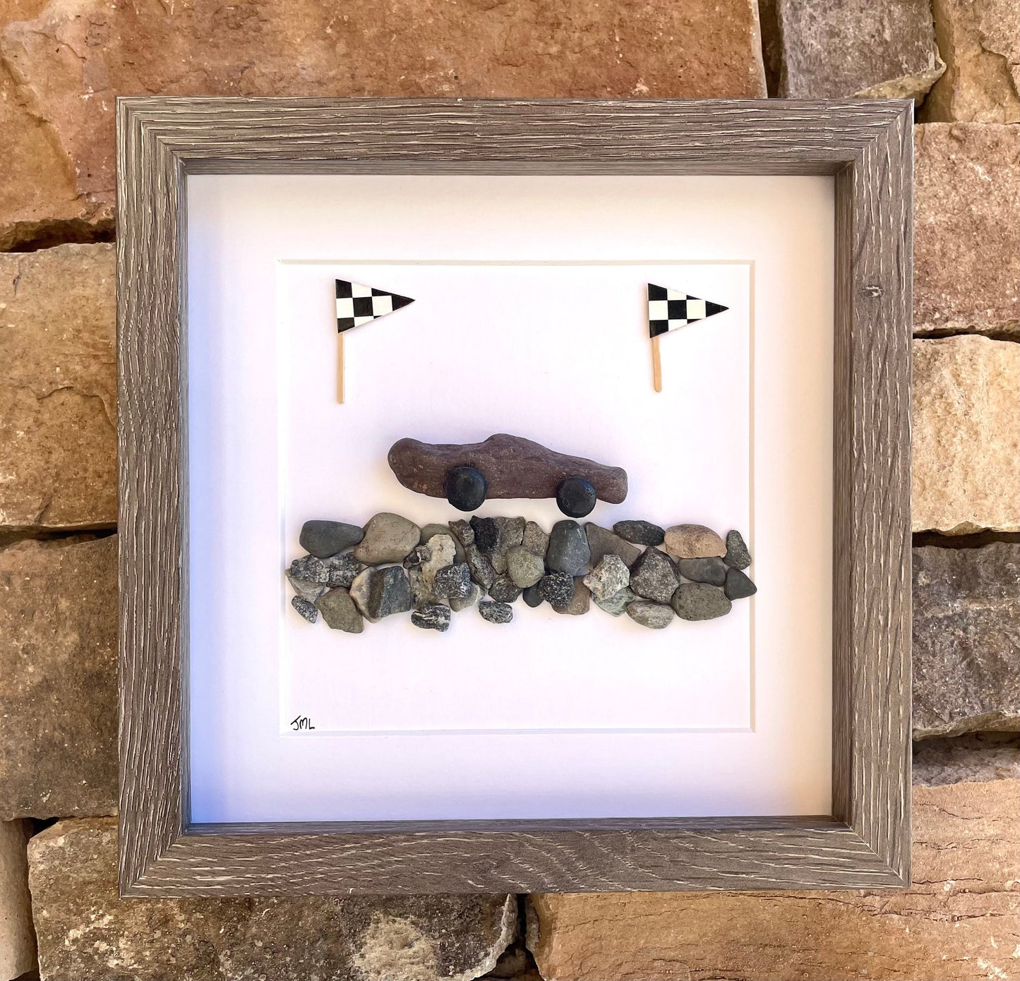 Race Car Pebble Art, Framed Handmade Gift for Him, Car Lover
