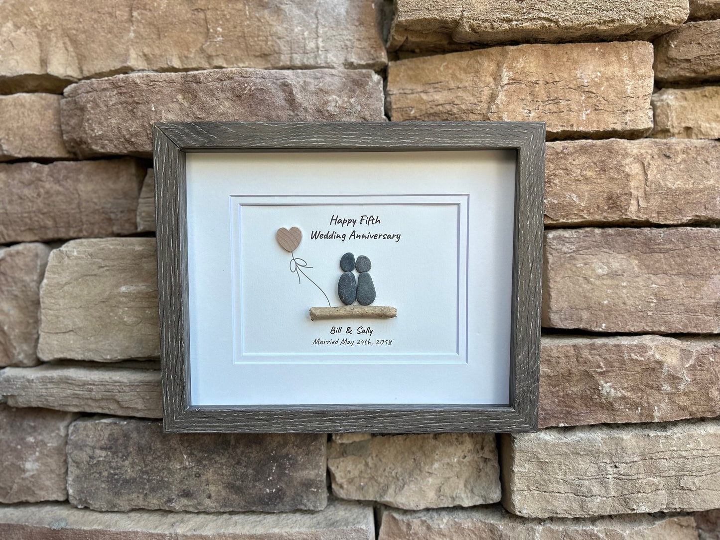 5th Wedding Anniversary Personalized Pebble Art, 8x10” Framed Wood Anniversary Gift for Wife, Husband, Friends, Custom Wooden Present