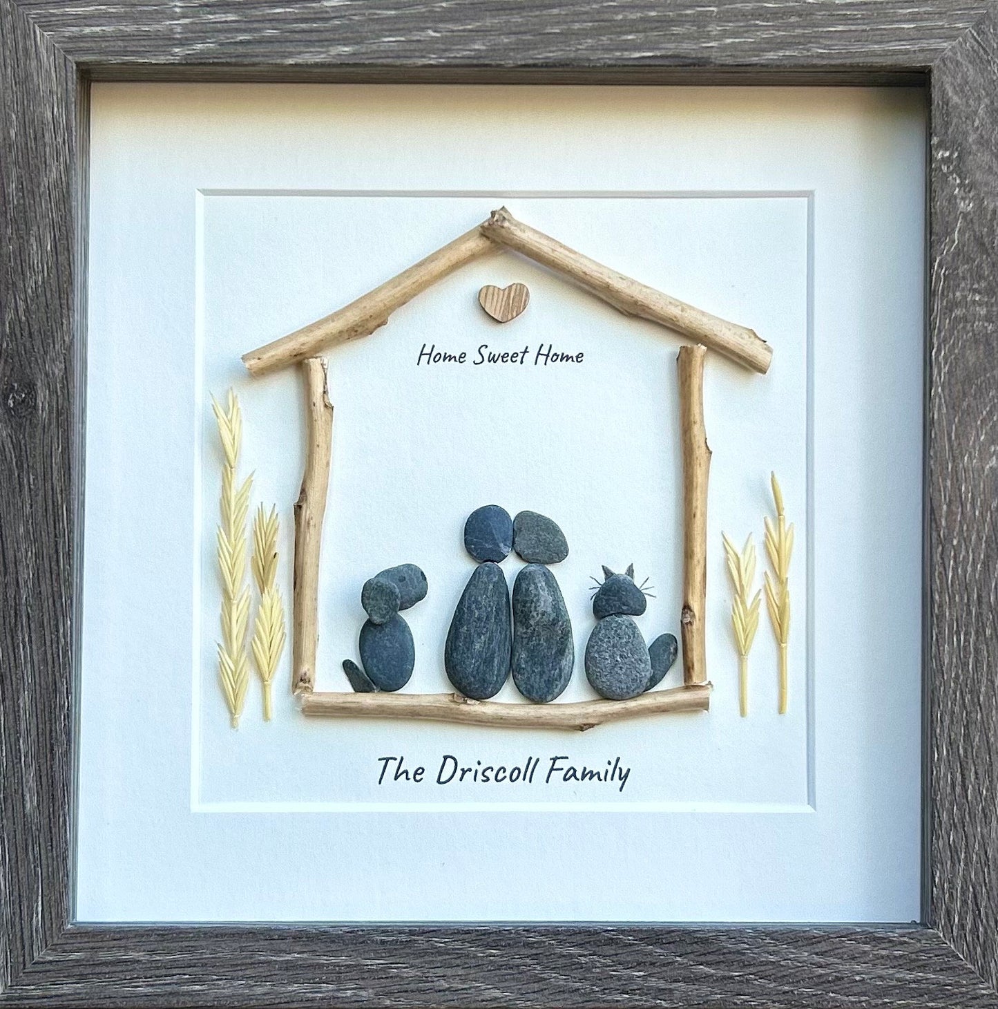 Couple with Pets | Custom Family Pebble Art | 9x9 Framed Personalized Family Picture