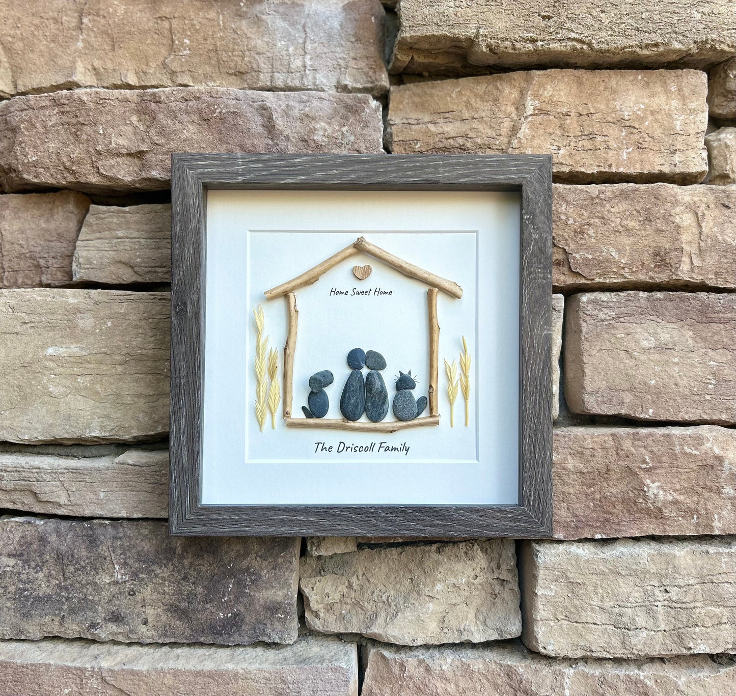 Couple with Pets | Custom Family Pebble Art | 9x9 Framed Personalized Family Picture