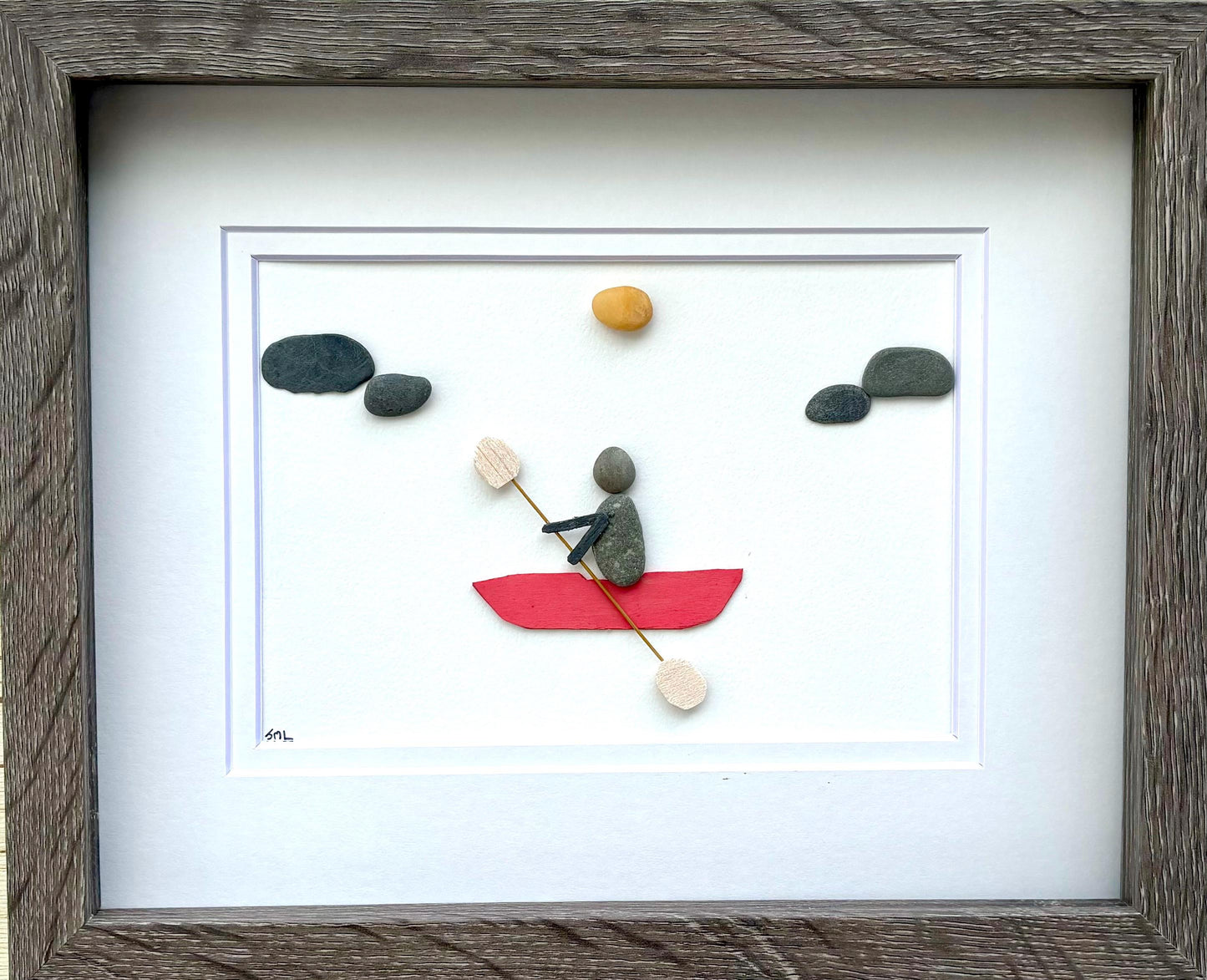 Kayaker Pebble Art | 8x10 Framed Handmade Gift for Paddlers | Personalized Kayaking Wall Art or Poster