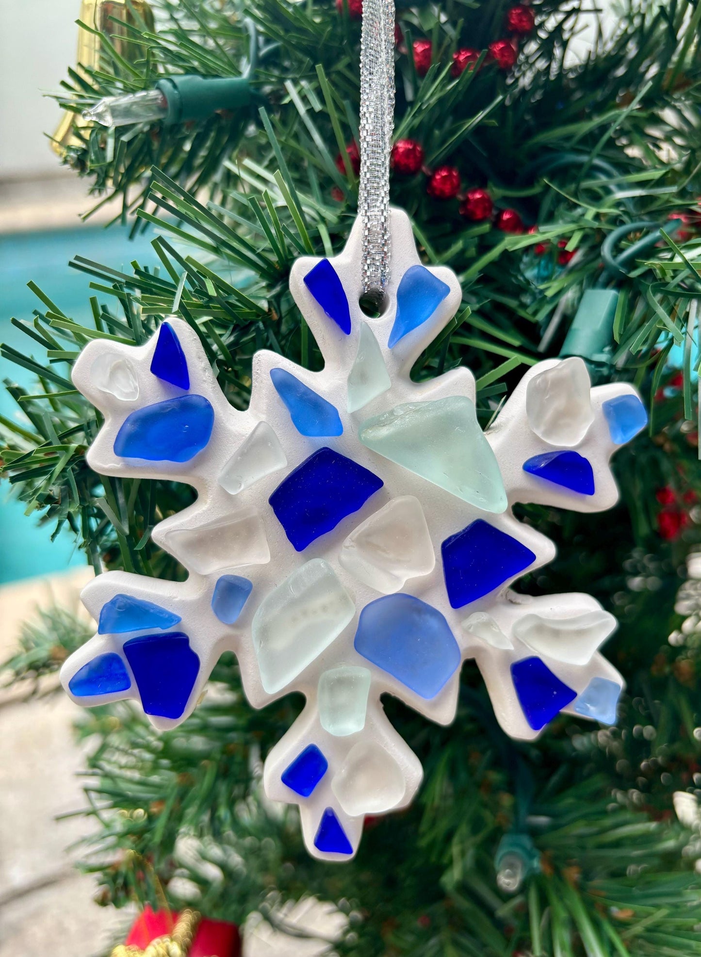 Handmade Scottish Sea Glass Snowflake Ornament in Shades of Blue, White and Teal on Ceramic Snow Flake Ornament Backing