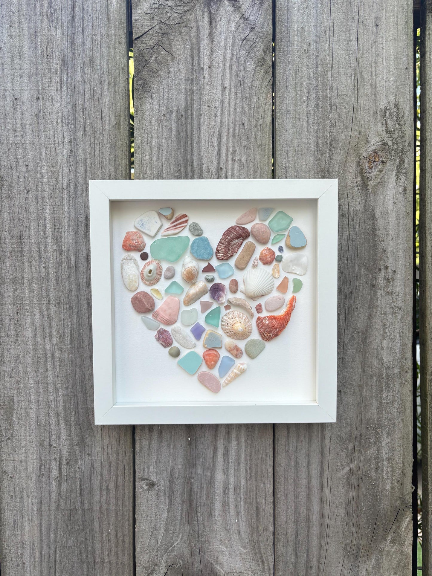 Colorful Heart Beach Collage Made of Scottish Sea Glass, Shells, Sea Pottery and Pebbles, 9x9 Framed Handmade Original Wall Decor