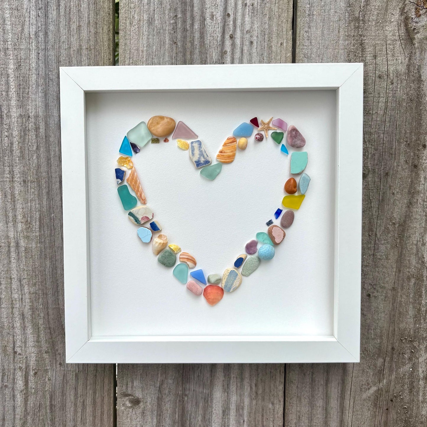 Colorful Heart Beach Collage Made of Scottish Sea Glass, Shells, Sea Pottery and Pebbles, 9x9 Framed Handmade Original Wall Decor