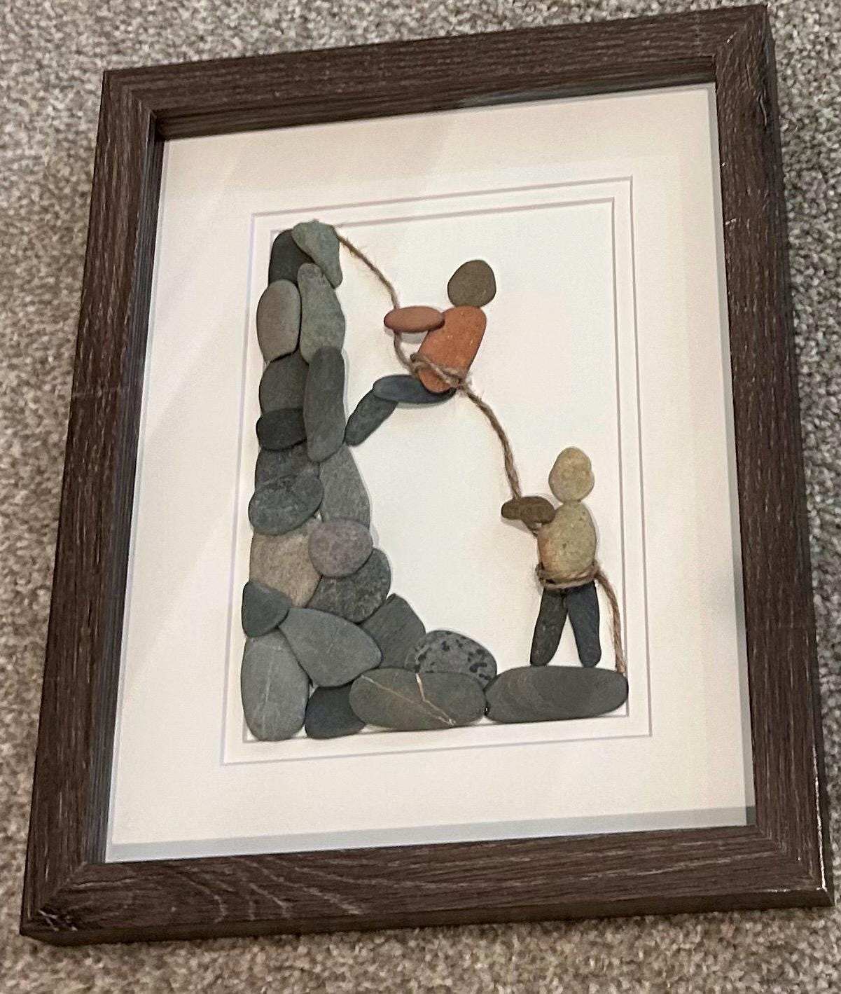 Rock Climbing Pebble Art, 8x10 Framed Original Artwork, Perfect Gift for Rock Climber / Rappelling Art