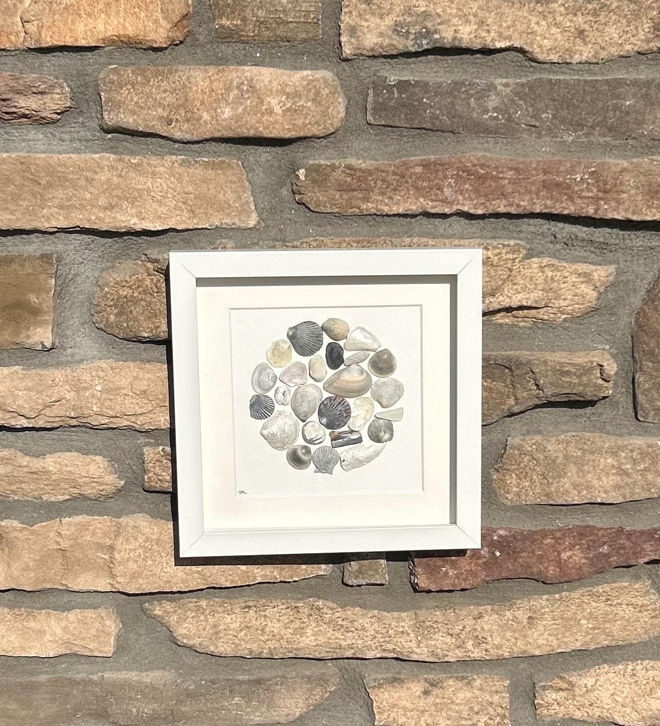 Abstract Coastal Collage in Black and White | Circular Collage | 9x9 Sea Glass, Shell & Pebble Art | Framed Handmade Wall Decor