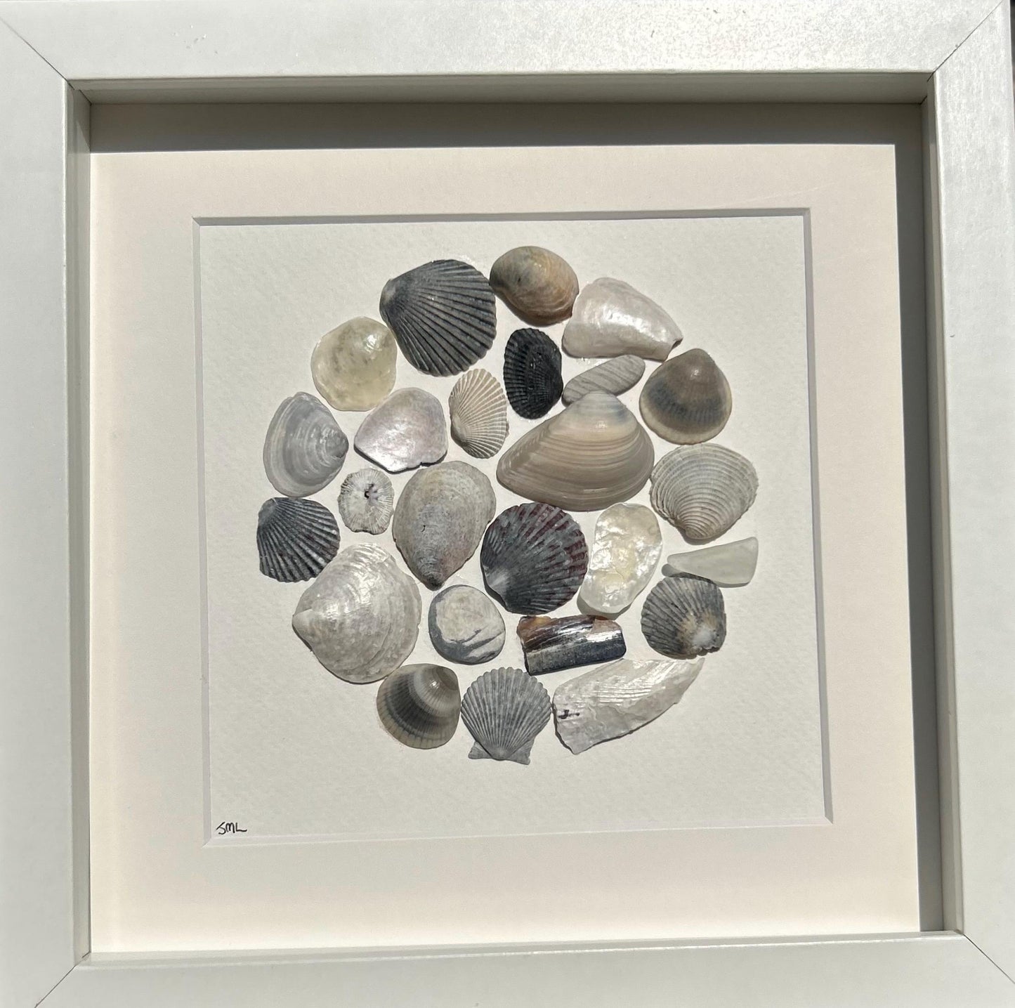 Abstract Coastal Collage in Black and White | Circular Collage | 9x9 Sea Glass, Shell & Pebble Art | Framed Handmade Wall Decor