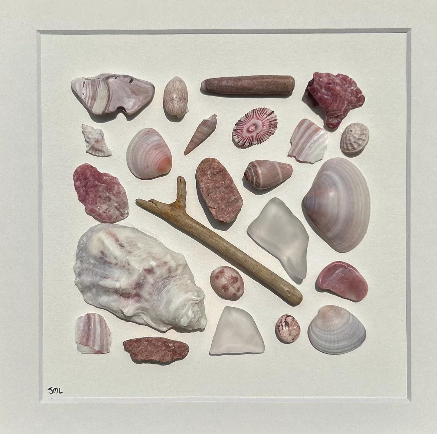 Delicate Beach Art in Pinks and Reds | Pink and Red Sea Treasures | 9x9 Sea Glass, Shell & Pebble Collage | Handmade Coastal Decor