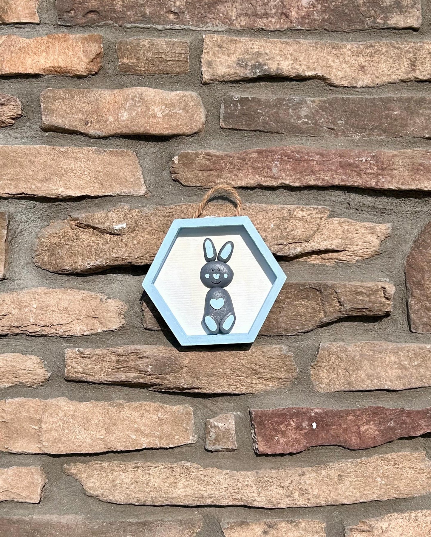 Bunny Rabbit Wall Art | Blue and Gray Pebble Bunny in Hexagon Frame | Gift for kids room, nursery, friend or craft room | 5x5 Pebble Art