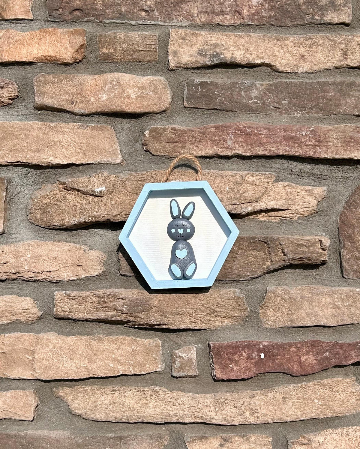 Handmade Bunny Rabbit Wall Art Blue and Gray Pebble Bunny in Hexagon Frame. Great gift for kids room general decor or craft room