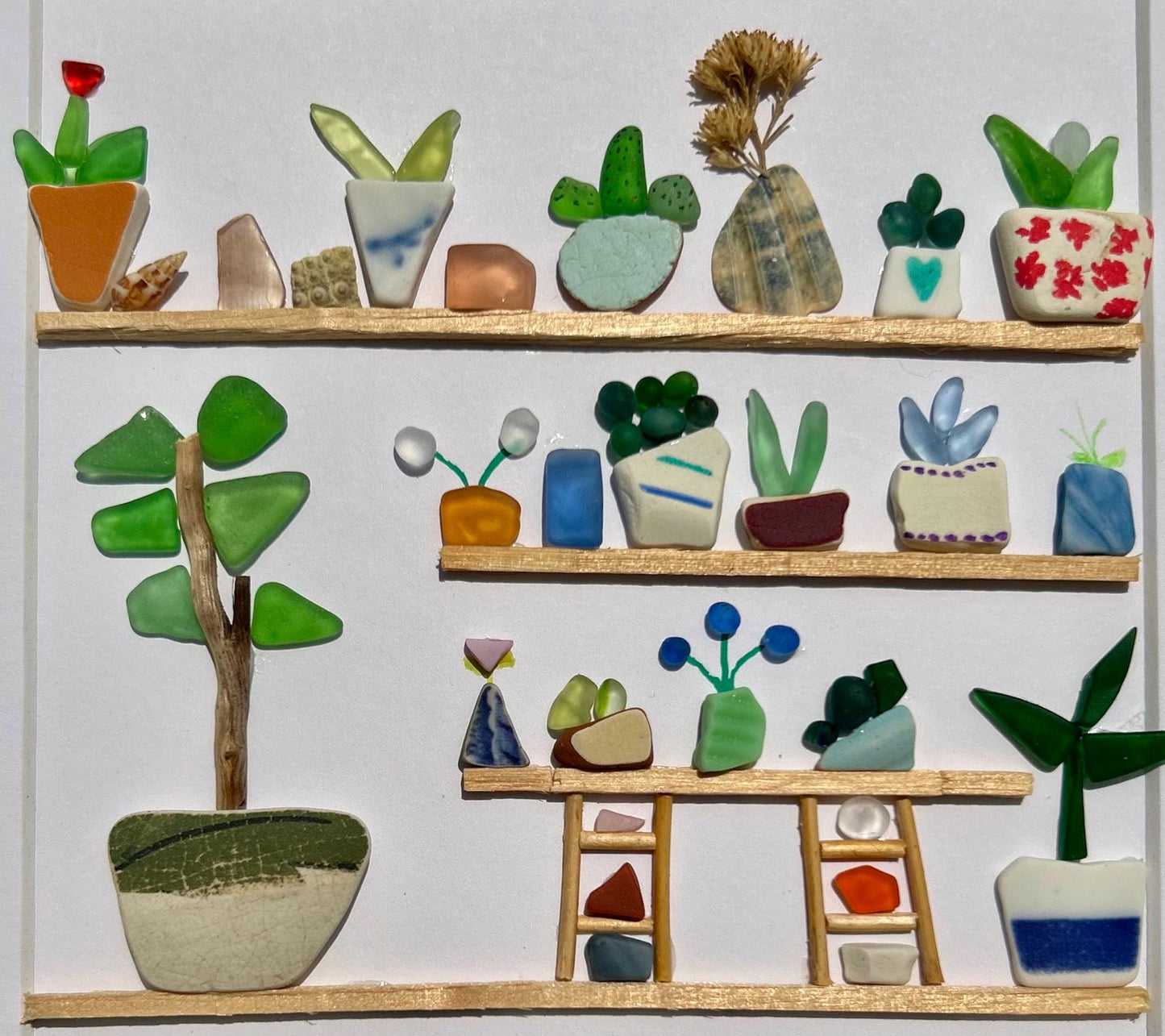 Sea Glass Flowers on a Shelf Art | Plants on Shelves | Framed 9x9 Coastal Wall Decor with Shells & Pottery | Original Handmade Beach Artwork