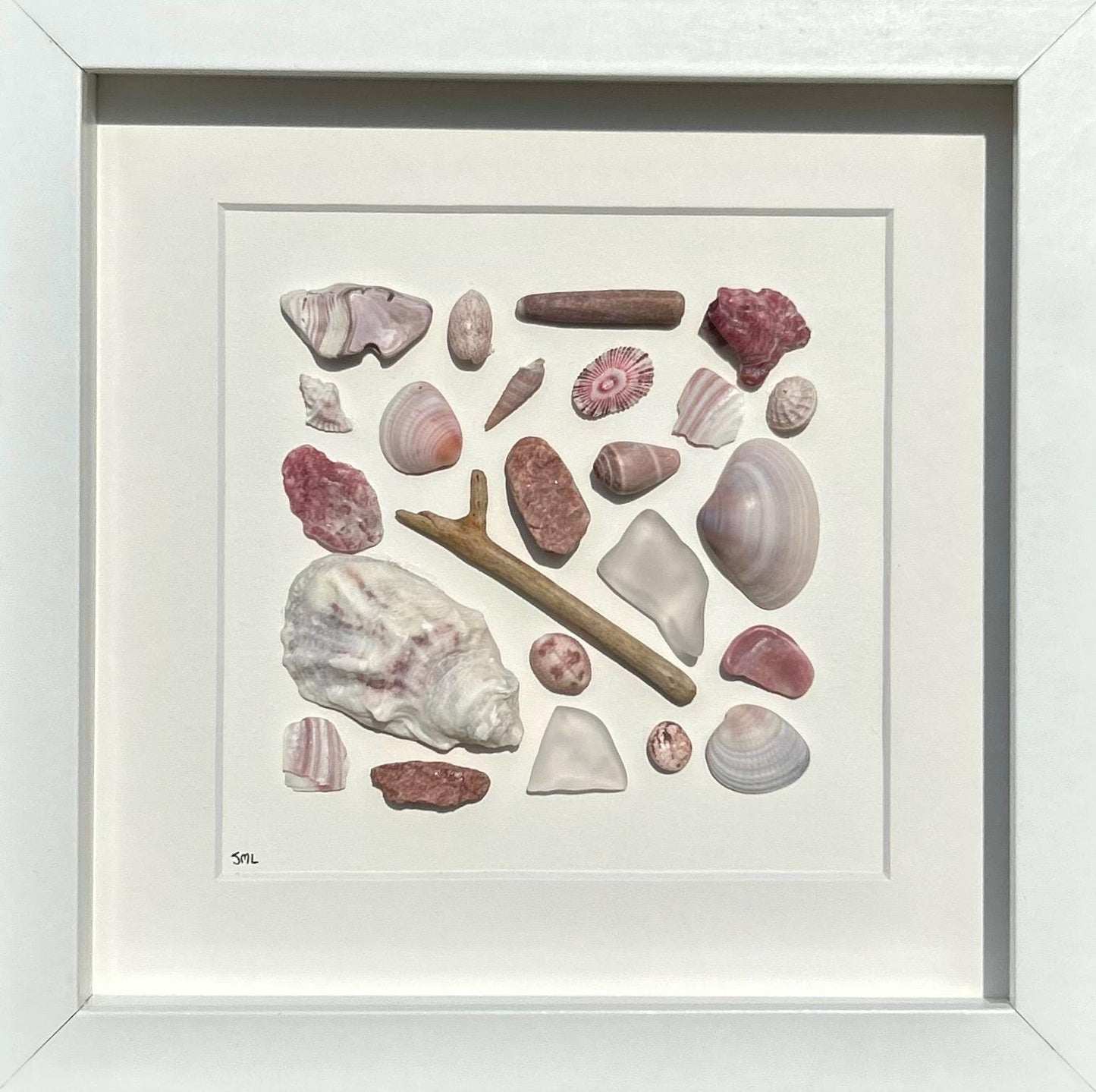 Delicate Beach Art in Pinks and Reds | Pink and Red Sea Treasures | 9x9 Sea Glass, Shell & Pebble Collage | Handmade Coastal Decor