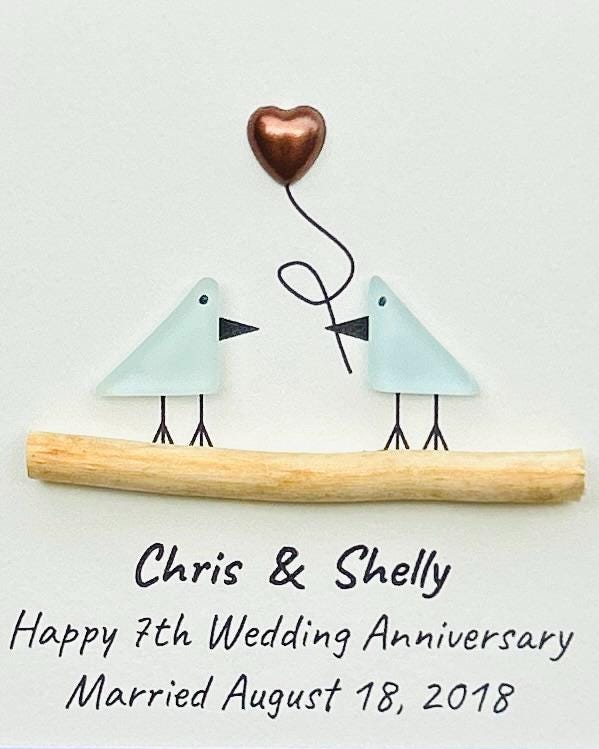 7th Wedding Anniversary 8x10" Framed Sea Glass Art, Personalized Copper Anniversary Gift for Parents, Wife, Husband, Friends