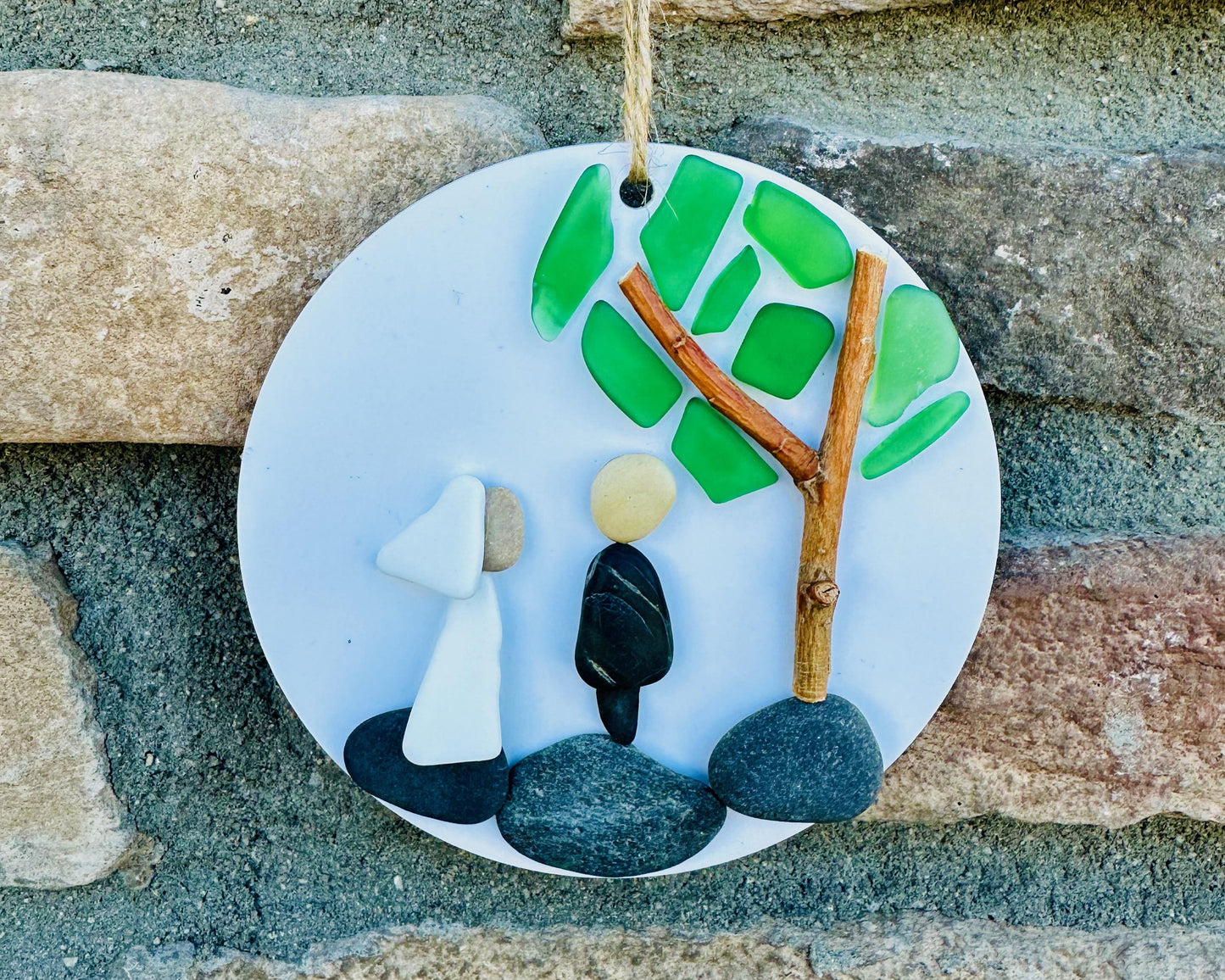 Wedding Scene Ornament | Handmade Pebble Art Couple Under Tree