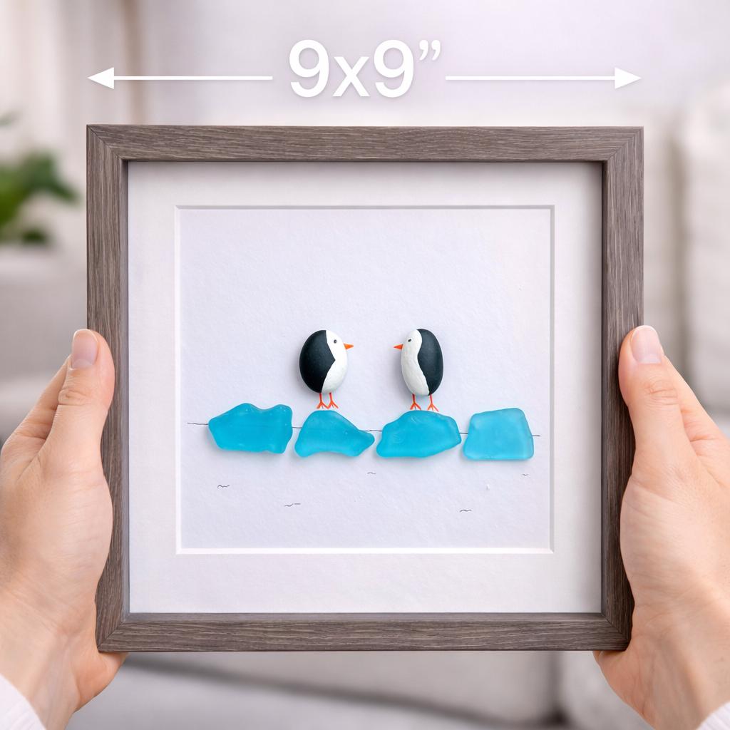 Sea Glass Penguin Picture, 8x8 Framed Sea Glass Art, Perfect Winter or Holiday Decor