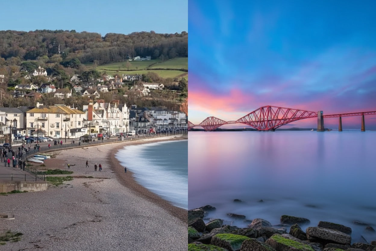 Side-by-side view of the smooth pebble beach at Sidmouth, Devon and the expansive coastal landscape of the Firth of Forth in Scotland.