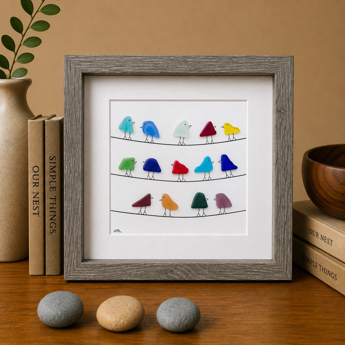 Picture of sea glass birds on power lines