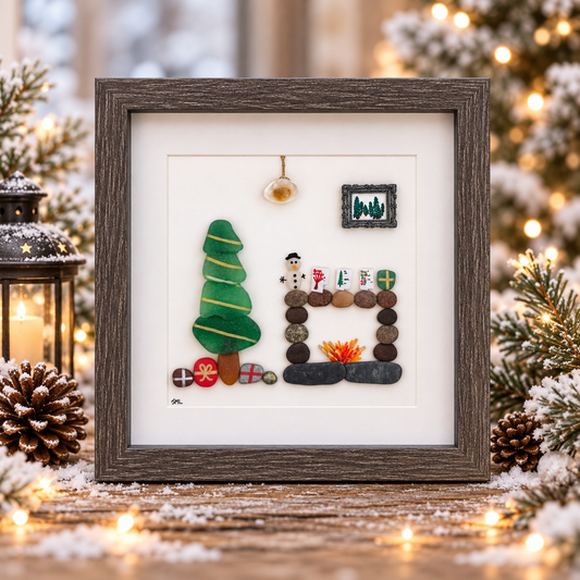 Christmas Fireplace and Stockings Sea Glass and Pebble Art, 8x8"