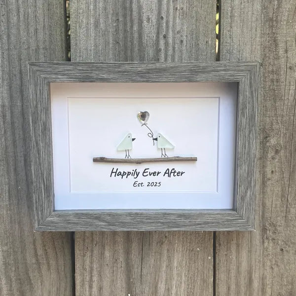 Happily Ever After Sea Glass Birds | 5x7 Framed Wedding Gift | Handmade & Personalized Artwork