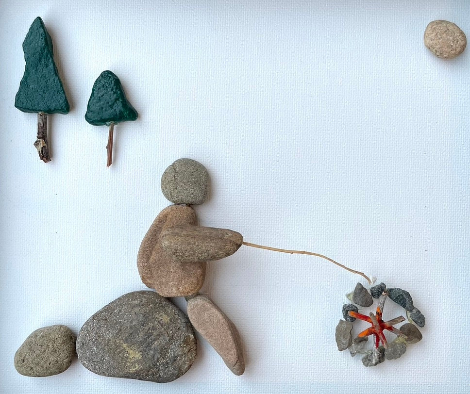 Roasting a Marshmallow on the Campfire | Gift for Campers | Campfire Art | Outdoors Art | Sleeping Under the Stars | 8x8 Pebble Art