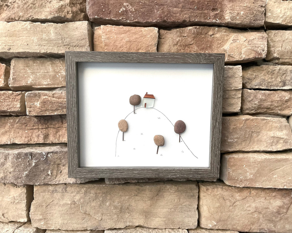 House on a Hillside - Pebble Art and Line Drawing