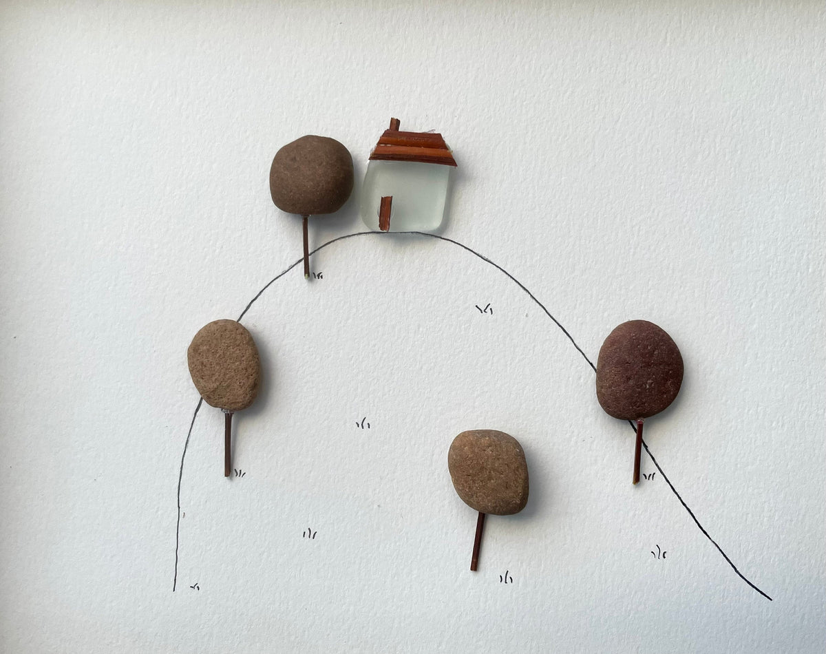 House on a Hillside - Pebble Art and Line Drawing