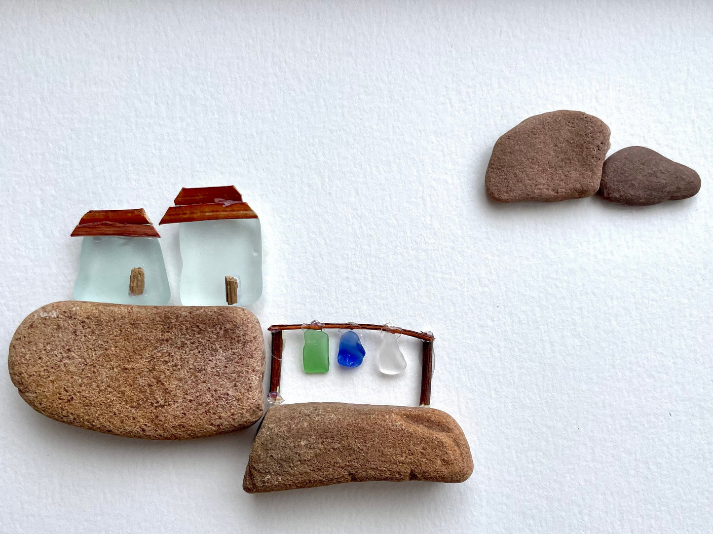 Framed Sea Glass Pebble Art - Coastal Cottages on Rocks